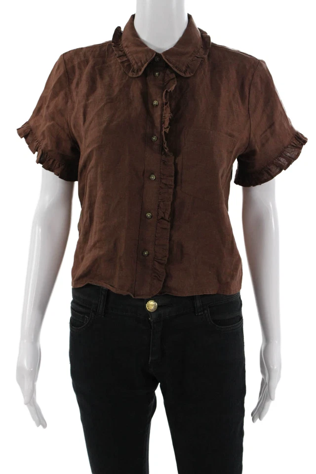 Blusa J Crew Mujer Corte Lino Cuello Abotonado Marrón Manga Corta Talla XS Foto 1 de 4