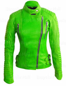 New Woman's Light Parrot Green Quilted Flash Sheep Skin Biker Leather Jacket-162