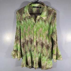 Essentials by Milano LIme/Gray Blouse Sz XL Ribbed Long Sleeve Button Up Top - Picture 1 of 13