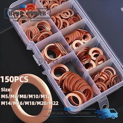CAHUCZLHOZ 150 Copper Crush Washer Gasket Set Flat Ring Seal Assortment Kit M5-M22 US-Stock
