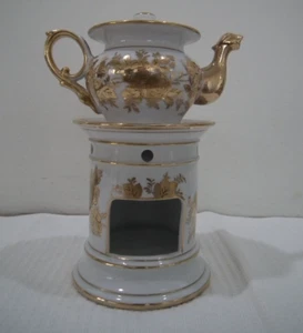 Vintage Teekanne Tisaniere Stövchen Ständer Floral 10" Gold Weiß Porzellan - Bild 1 von 15