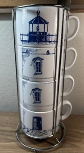 Stacking Set Of Lighthouse Mugs With Metal Storage Rack. Set Of 4 - Picture 1 of 4