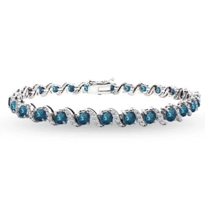 925 Silver London Blue Topaz & White Topaz 4mm Round S Design Tennis Bracelet - Picture 1 of 3