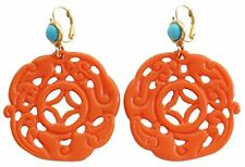 Kenneth Jay Lane Gold Turquoise Coral Carved Drop Wire Pierced Earrings
