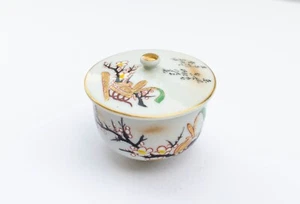 Japanese Kutani Yaki Hand-Painted Bowl w Lid Cherry Blossom Traditional Teacup - Picture 1 of 7