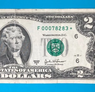 F 00078283 * : 320K $2 Two Dollar Bill Star Note 2003A (Atlanta / F / 6 ) - Image 1 of 3