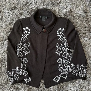 ST JOHN Button Sweater Jacket SIZE 8 US Brown Floral Pattern Casual Blazer USA - Picture 1 of 24