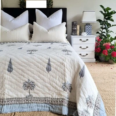 Indian Block Print Quilt Jaipuri Razai Pure Cotton Quilted Bedspread With Pillow - Image 1 of 4