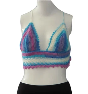 New Handmade Crochet Pink Blue Size 26 (XS) Boho Bra Beachwear Crop Top - Picture 1 of 3