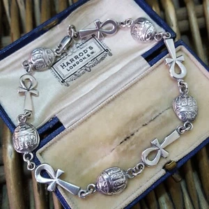 Pulsera egipcia vintage de plata maciza, plata Pureza 900, escarabajo y cruz - Imagen 1 de 8