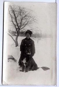 DOG RPPC Snow WINTER Boy SLED OLD Vintage Real Photo Postcard - Picture 1 of 2