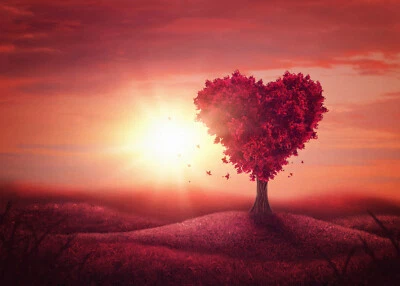 Valentines Day Sunset with Pink Heart Tree 7x5ft Backdrop Vinyl Photo Background - Image 1 of 4