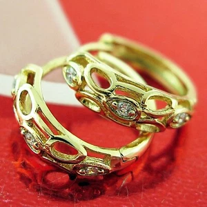 Earrings Hoop Real 18k Yellow Gold Filled Diamond Simulated Huggie Celtic Design - Picture 1 of 2