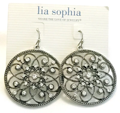 Lia Sophia "Memoir" Antiqued Silver Tone Cut Crystal Stones Round Drop Earrings - Image 1 of 2
