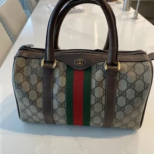 VTG Gucci Leather GG Monogram Boston Satchel Bag Purse Brown Red Green Stripe - Picture 1 of 19