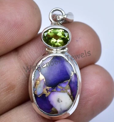 925 Argento Viola Rame Turchese E Peridoto Pednant 22.45 KT Certificato - Immagine 1 di 4
