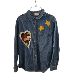 De colección. Camisa Denim Raggedy Ann Andy Años 90 Gloria Desteñida Grande Bordada con Botones - Imagen 1 de 16