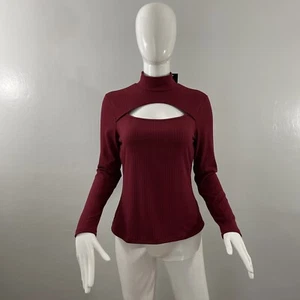 I-N-C International Concepts Mock Neck Top Long Sleeve Burgundy Blouse Size PM - Picture 1 of 10