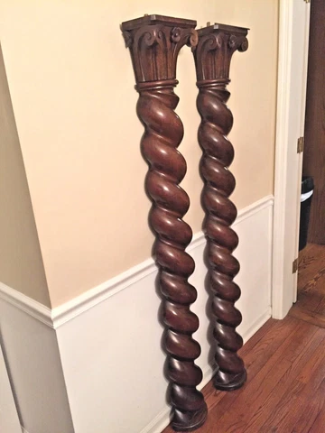 Rococo Style Carved Columns A Pair Walnut Finish Scroll & Rose Carved Cover