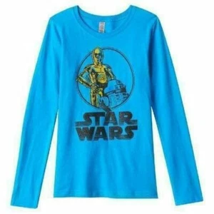 Girls Shirt Disney Star Wars Long Sleeve Blue C3P0 & R2D2 Top-sz 14/16 - Picture 1 of 4