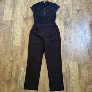 Express | High Moc Neck Lace Top Tapered Ankle Jumpsuit Black 6 - Picture 1 of 14