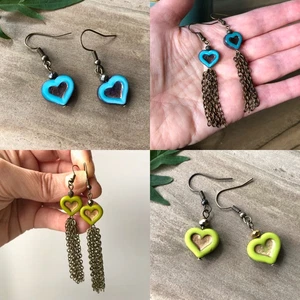 Dangly Blue or Green Heart Earrings. Czech Glass, Bronze. Hippie Boho Hearts - Picture 1 of 22