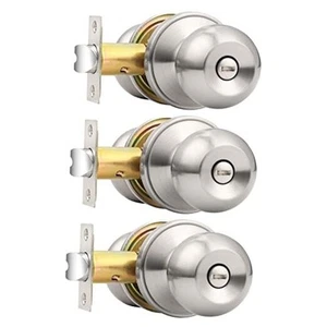  Privacy Door Knobs Bed/Bath Ball Knobs Interior Keyless 3 Pack Brushed Nickel - Picture 1 of 7