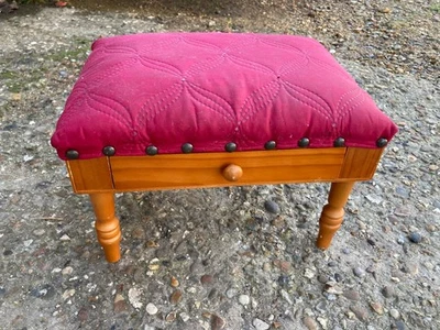 Vintage Natural Brown Pine Framed Small Footstool with Drawers Red Fabric Top - Image 1 of 4