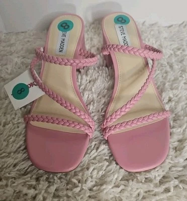 NEW Steve Madden Womens Ioanna Heeled Sandal Woven Strappy Square Toe Pink Sz 8 - Image 1 of 4