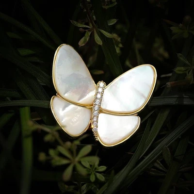 Broche Mariposa Natural Concha Marina Chapado en Oro 14K Micro Pavé Circón Pin con Caja Foto 1 de 4