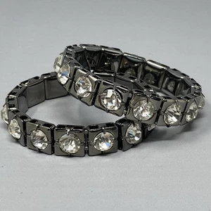 Rhinestone Bangle Bracelet Gray Gunmetal Tone Glass Prong Set Pair Chunky Set 8" - Picture 1 of 9