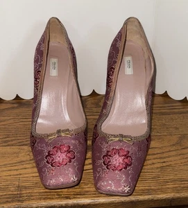Prada Vero Cuoio Brocade Art 115194 Calzature Donna Granato Square Toe 39 Italy - Picture 1 of 9