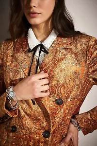 Free People Bedruckter Cosmo Samt Blazer Jacke Gold Braun Größe L - Bild 1 von 7