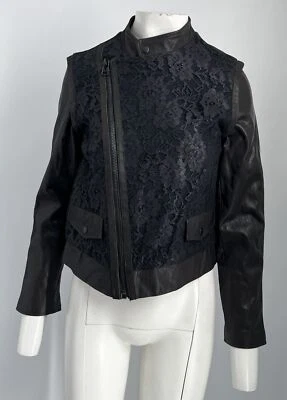 Sea NY 复古黑色真皮海军蓝花边前摩托夹克,尺寸 M — 第 1/4 张图片