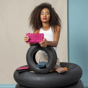 Genuine Leather Handcrafted in Haiti XL Trifold Wallet Crimson Pink Deux Mains - Picture 1 of 7