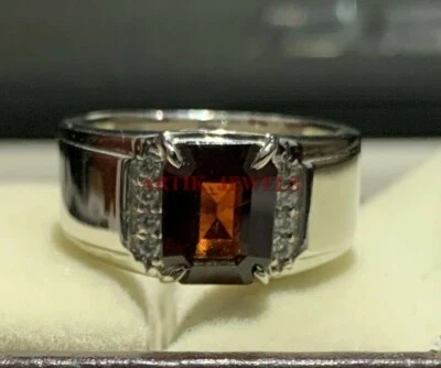 Naturale Grossularia Granato Con 14K Placcato Oro Bianco Argento Anello per Uomo - Immagine 1 di 4