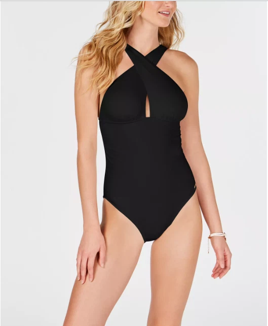 Michael Kors 2018 Convertible Ruched One-piece Swimsuit Mm4h351 Solid Black 10