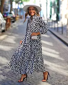 Zara Ecru White Black Geo Geometric Print Karen Tiered Midi Dress size M 12 14 - Picture 1 of 7