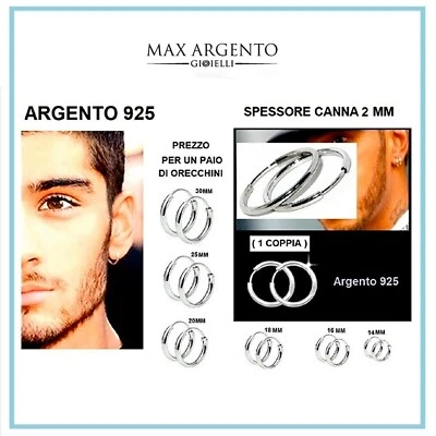 Orecchini a Cerchio Cerchietto Argento 925% Uomo Donna Misura 2mm x 12 a 30mm
