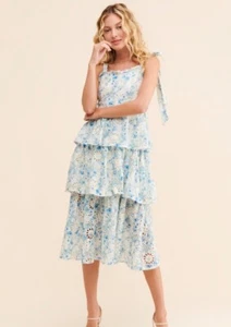 En saison Claire Eyelet Ruffle Tiered Midi Dress White Blue Floral Bows Large - Picture 1 of 7
