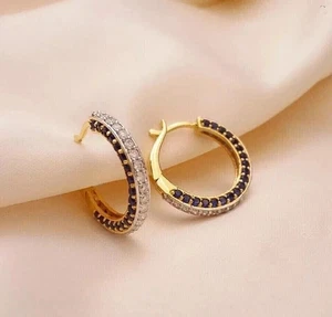 1.25 CT Round Lab Created Sapphire Diamond Huggie Hoop Earrings 14K Gold Plated - Picture 1 of 4