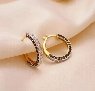 1.25 CT Round Lab Created Sapphire Diamond Huggie Hoop Earrings 14K Gold Plated - Image 1 of 4