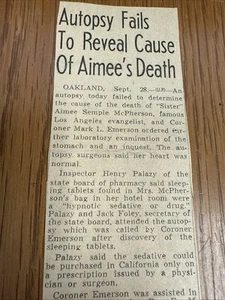 Aimee Semple McPherson - 1944 Death Autopsy Newspaper Clipping Pentecostal - Picture 1 of 3