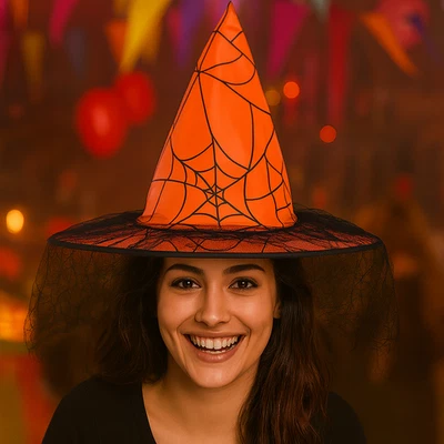 SOMBRERO BRUJA ADULTO HALLOWEEN DISFRAZ ROJO ENCAJE TELA DE ARAÑA VELO Foto 1 de 3