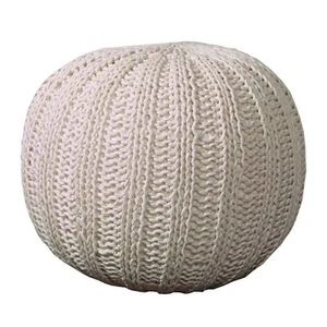 20" Beige Cotton Round Pouf Ottoman - Picture 1 of 5