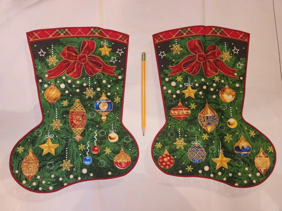 Fabr-quilt 103-717 green Christmas stocking fabric panel ornaments - Image 1 of 1