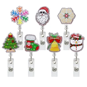 Christmas Santa Claus Glitter Acrylic Retractable Badge Reel ID Badge Holder - Picture 1 of 19