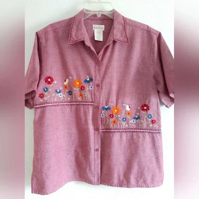 Vintage Bobbie Brooks Camp Shirt Floral Embroidered Reddish Purple XL Chest 42" - Image 1 of 4
