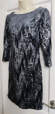 Eliza J Cocktail Metallic Glam Prom Dress 6 Black Silver Sequined Velvet Shift - Image 1 of 4