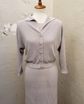 Vtg 50s Kimberly 2 pc Acrylic Knitwear Set Sweater dress light grey knit  - Image 1 of 4